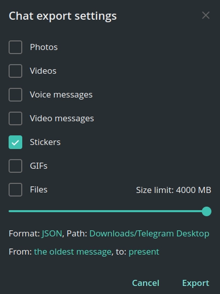 Screenshot of telegram export settings showing \"Stickers\" box checked, format set to "JSON" and Size limit 4000 MB